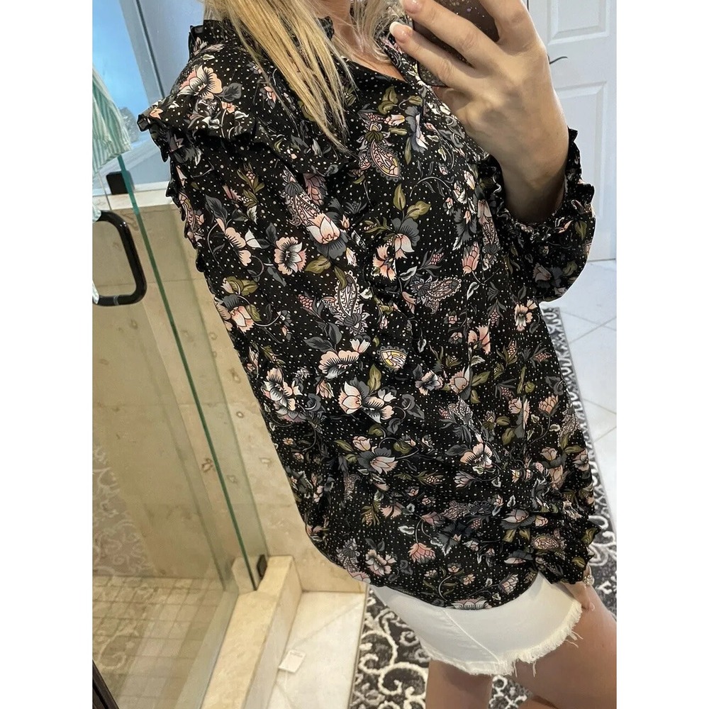 Ann Taylor LOFT Ruffles Black Pink Floral Polka Dot Blouse M Boho Long Sleeve